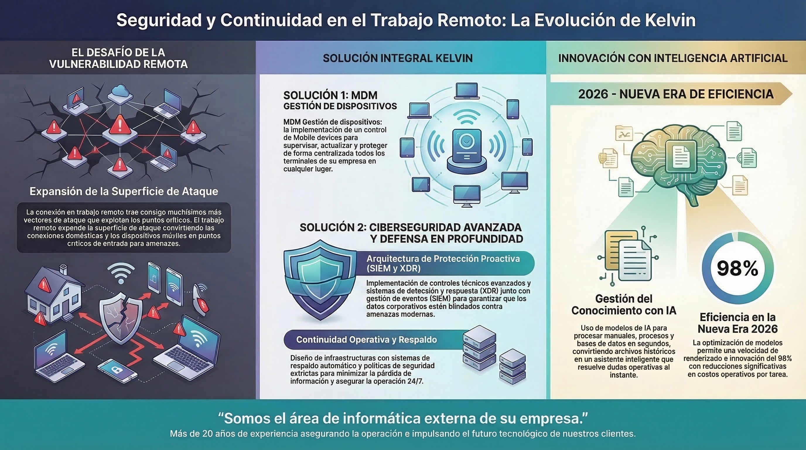 Infografía Kelvin: Seguridad y Continuidad en el Trabajo Remoto — MDM, SIEM/XDR, Continuidad Operativa e Innovación con IA